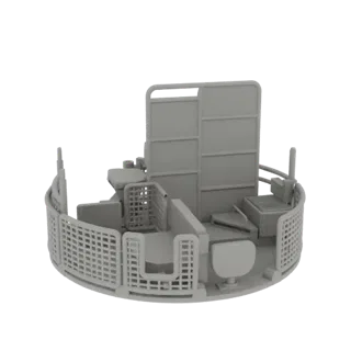 3D модель современного унитаза и душевой кабины серого цвета, показывающая унитаз, душевую кабину и перегородки.