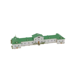 3D модель длинного белого особняка с ярко-зеленой скатной крышей, множеством окон и центральным входом.