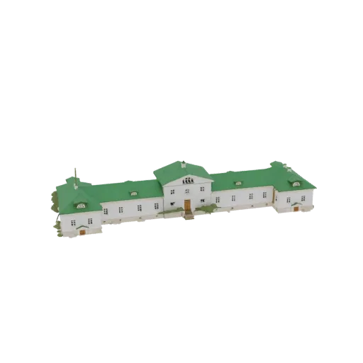 3D модель длинного белого особняка с ярко-зеленой скатной крышей, множеством окон и центральным входом.