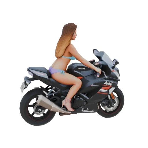 3D модель девушки в сине-фиолетовом бикини на черном спортбайке, вид сбоку.
