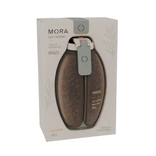3D модель пачки кофе в зернах Mora Quiet Morning Brazil с видимыми кофейными зернами внутри.