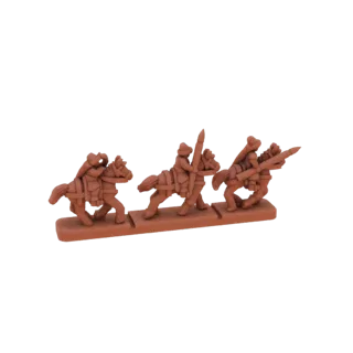 3D модель трех стилизованных всадников с копьями, расположенных в ряд на подставке.
