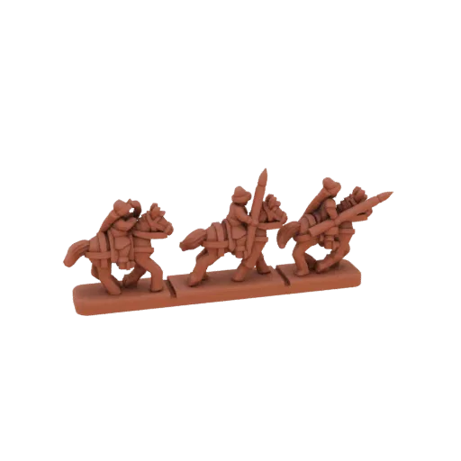 3D модель трех стилизованных всадников с копьями, расположенных в ряд на подставке.