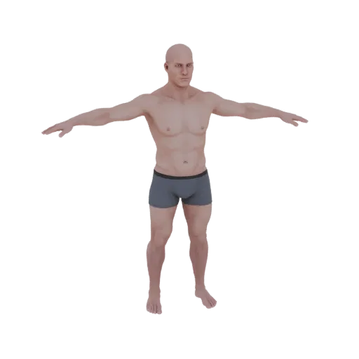 3D модель лысого мужчины в T-позе, в серых боксерах, на белом фоне.