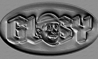 3D модель барельефа с изображением лица в бандане и надписью GLOSY, выполненная в монохромном стиле.