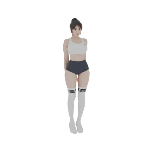 3D модель девушки в спортивной одежде, в белом спортивном топе, синих шортах и белых высоких носках с черными полосками.