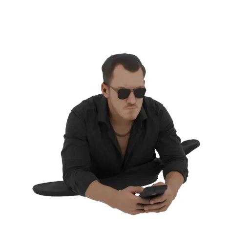 3D модель мужчины в черной рубашке и очках, лежащего и смотрящего в смартфон.