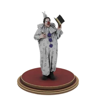 3D модель забавного клоуна в жабо и узорчатом костюме, держащего цилиндр, стоящего на многоуровневом основании.