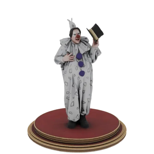 3D модель забавного клоуна в жабо и узорчатом костюме, держащего цилиндр, стоящего на многоуровневом основании.