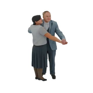 3D-модель мужчины в синем костюме и женщины в серой блузке и темной юбке, танцующих вместе, на белом фоне.