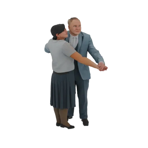 3D-модель мужчины в синем костюме и женщины в серой блузке и темной юбке, танцующих вместе, на белом фоне.