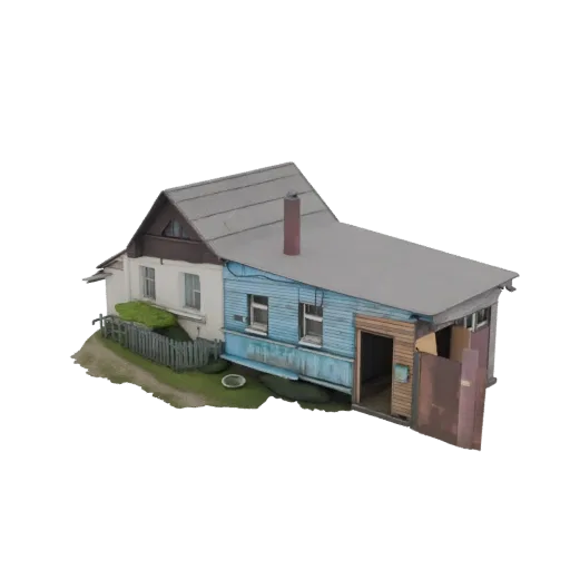 3D модель деревенского русского дома с синей обшивкой, двускатной крышей и пристроенным гаражом с большой коричневой дверью,