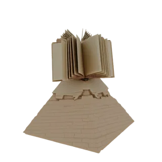 3D модель бежевой пирамиды с открытой книгой наверху, символ древних знаний.