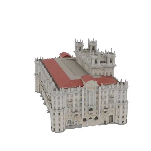 3D модель величественной сталинской высотки с красной крышей и богато украшенным белым фасадом на белом фоне.