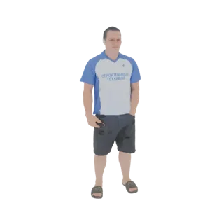 Рендер 3D модели мужчины в сине-белой поло и рваных серых шортах, стоящего с руками в карманах.