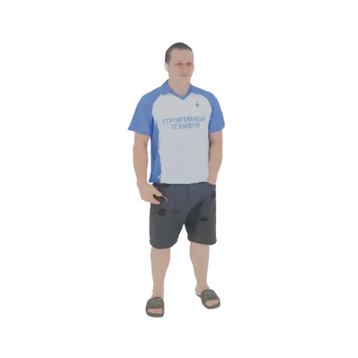 Рендер 3D модели мужчины в сине-белой поло и рваных серых шортах, стоящего с руками в карманах.