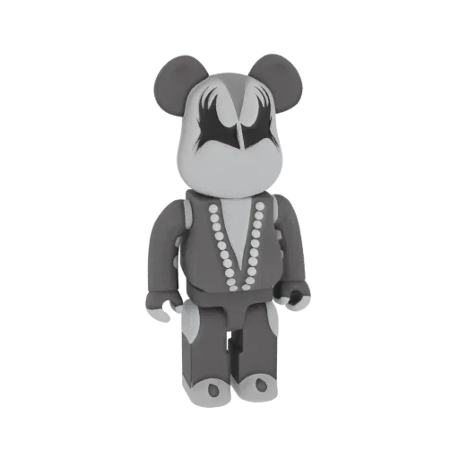 3D модель Bearbrick Джин Симмонс KISS в оттенках серого, с культовым гримом и костюмом.
