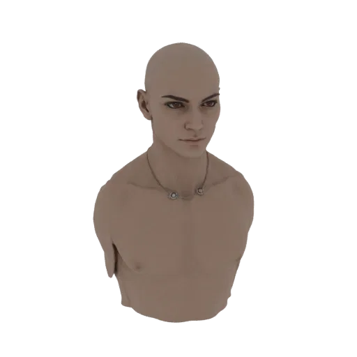 3D рендер бюста лысого мужчины с детализированным лицом и серебряным ожерельем на белом фоне.