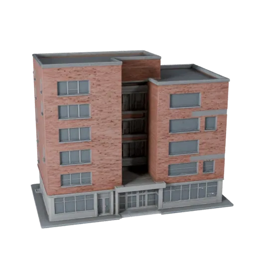 Реалистичная 3D модель Эко Дома, вид с трех четвертей снаружи, показывающий материалы жилого здания и архитектурные детали