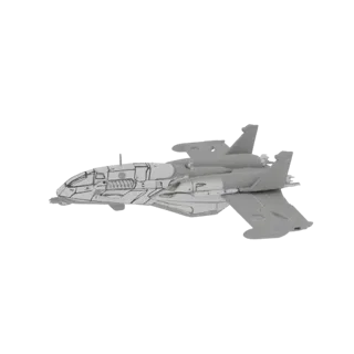 Вид сбоку серой, футуристической 3D модели летательного аппарата VTOL с острыми линиями и интегрированными двигателями.