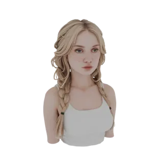 3D-модель молодой женщины со светлыми косами и белой майкой, смотрящей немного в сторону.
