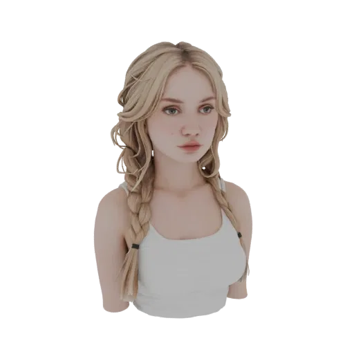 3D-модель молодой женщины со светлыми косами и белой майкой, смотрящей немного в сторону.