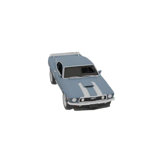 3D модель синего Ford Mustang Boss 302 Fastback 1969 года с белыми гоночными полосами, вид спереди справа под небольшим углом