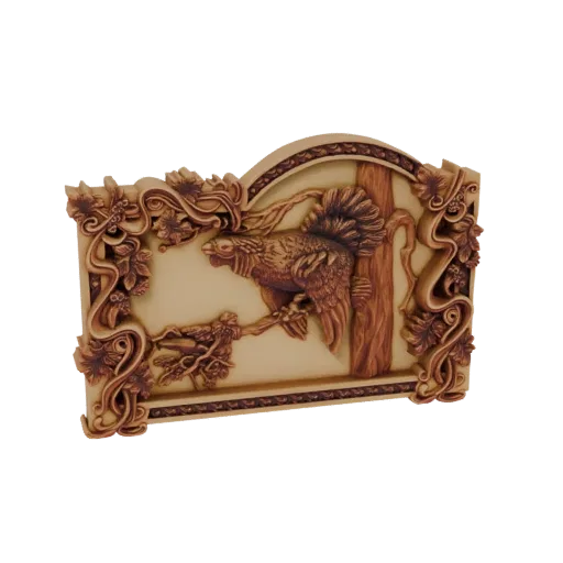3D модель петуха в рельефной резьбе, окруженная лозами и деревом, с узорчатым обрамлением.