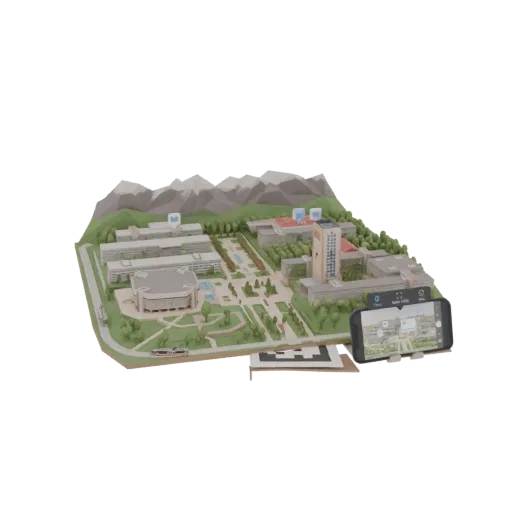 Низкополигональная 3D-модель университетского кампуса с горами, деревьями, зданиями и смартфоном, показывающим AR-вид.
