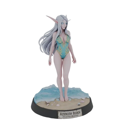3D модель женской фигурки Высокой Эльфийки в бирюзовом купальнике, стоящей на пляжной подставке с волнами и ракушками.