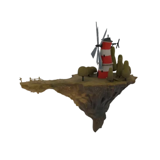 3D модель парящего острова с красно-белой мельницей, стилизованными деревьями и деревянным забором на белом фоне.