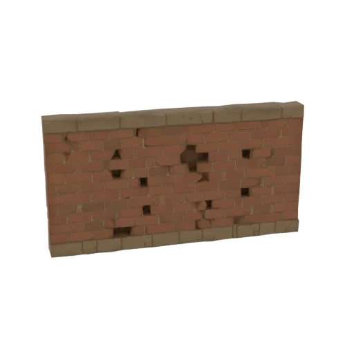 3D модель разрушенного участка красной кирпичной стены с видимыми трещинами и отсутствующими кирпичами на белом фоне.