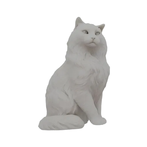 3D модель белой персидской кошки, сидящей величественно, с детализированной текстурой шерсти и внимательными глазами.