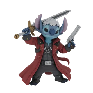 3D модель Стича из Лило и Стич в костюме Данте из Devil May Cry, держащего меч и два пистолета.