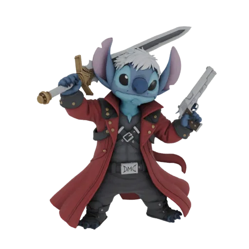 3D модель Стича из Лило и Стич в костюме Данте из Devil May Cry, держащего меч и два пистолета.