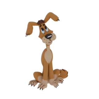 A 3D render of a cute, cartoon-style dog sitting with its head tilted up and a friendly expression.