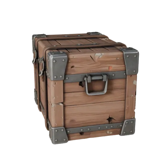 Потрепанный ящик для припасов 3D-модель, вид спереди три четверти, окно Unity, показывающее деревянные доски, штабелируемую м