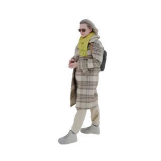 3D модель женщины в клетчатом пальто, желтом шарфе, бежевых брюках и кроссовках, стоящей с рюкзаком.