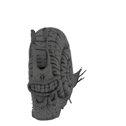 3D модель гротескной улитки с широкой, зубастой ухмылкой и текстурированной раковиной, представленная в нейтральном сером мат