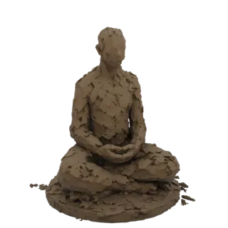 3D model of a meditating figure with a rough clay texture, seated in a lotus position.