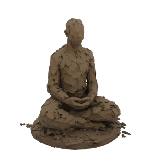3D model of a meditating figure with a rough clay texture, seated in a lotus position.