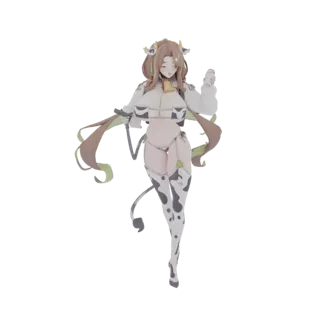 3D model of an anime cow girl with brown hair, cow print stockings, and a bell collar, striking a playful pose.