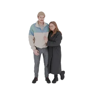 3D-модель молодой пары, стоящей вместе, оба одеты в повседневную зимнюю одежду, женщина склонила голову на плечо мужчины.