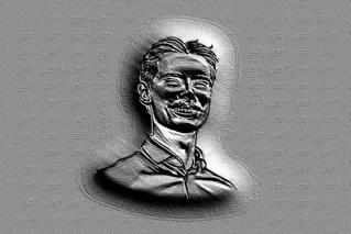 3D модель барельефа мужчины в стиле гравировки, с детально проработанными чертами лица и одеждой, на сером текстурированном ф