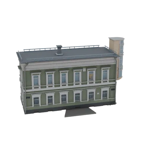 3D модель классического двухэтажного зеленого многоквартирного дома с белой отделкой и современным стеклянным пристроем.