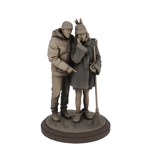 3D модель пары в зимних пальто, один указывает, другой держит метлу, на круглой подставке, в сепия-тоне.