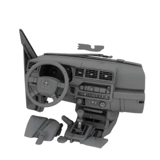 3D-модель интерьера Toyota Hilux Surf 185, вид спереди, демонстрирующий приборную панель, руль и центральную консоль.