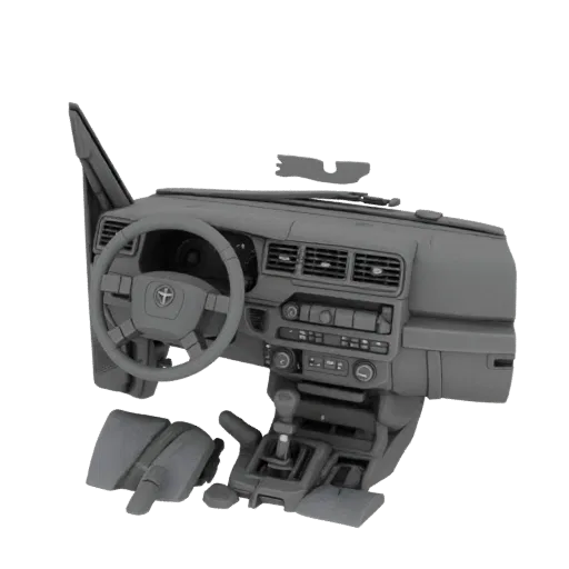 3D-модель интерьера Toyota Hilux Surf 185, вид спереди, демонстрирующий приборную панель, руль и центральную консоль.