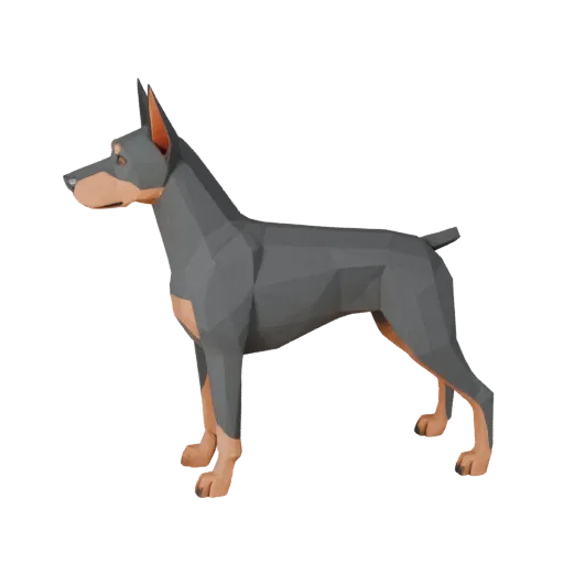 Низкополигональная 3D-модель Добермана, вид сбоку в игровой камере, низкополигональный ассет животного с направлением шерсти,