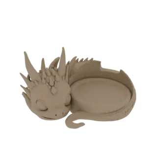 3D-модель милого спящего дракончика, свернувшегося вокруг небольшой чаши, с детализированной чешуей и рожками.